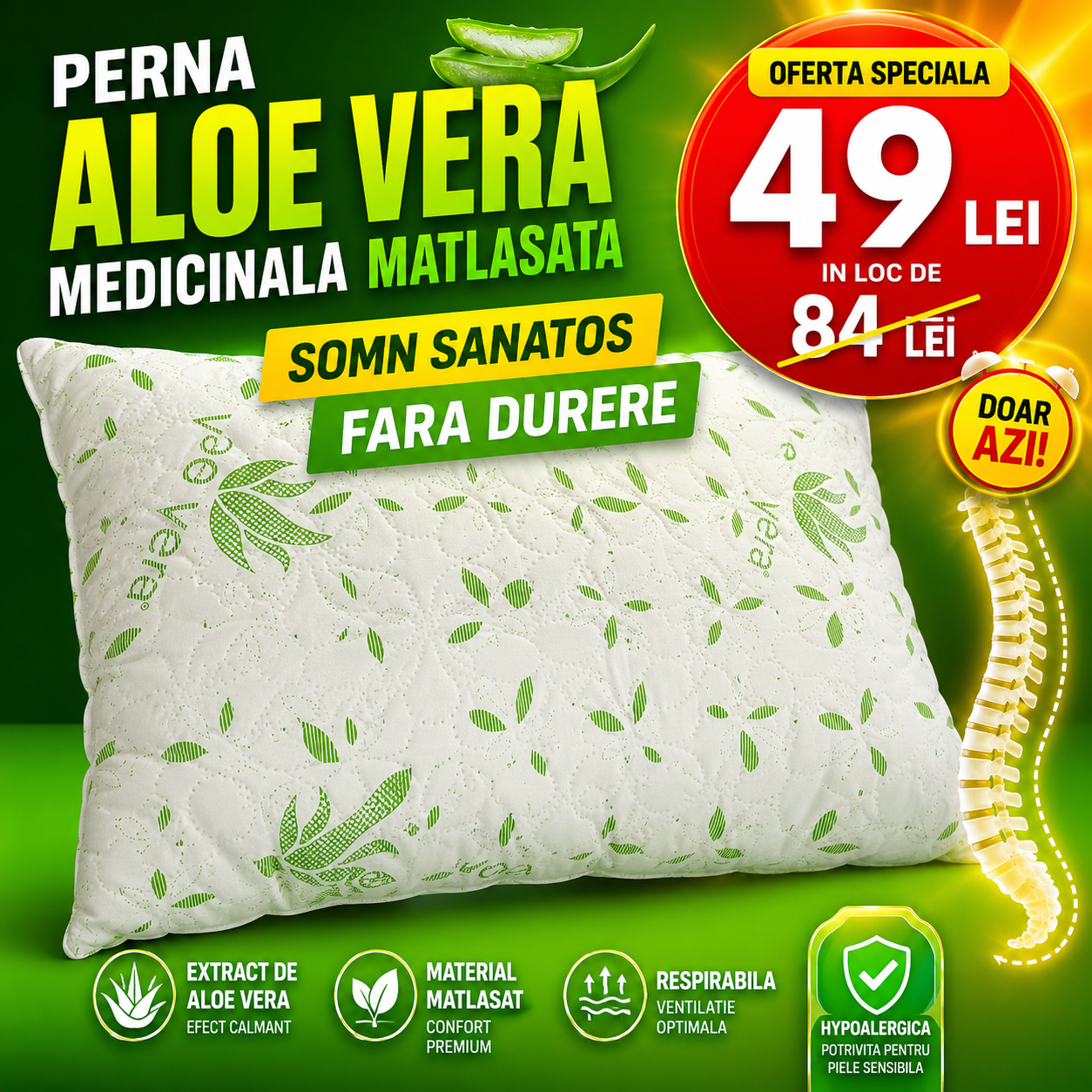 Perna Premium Aloe Vera Matlasata 50x70cm