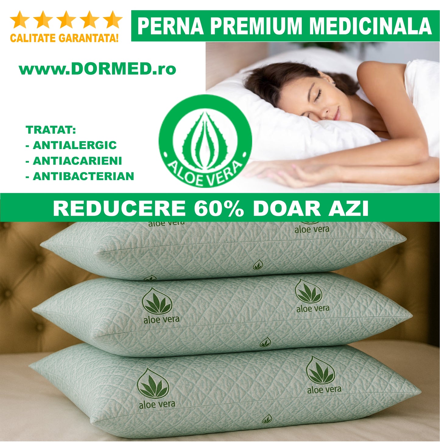 Perna Premium Aloe Vera Matlasata 50x70cm